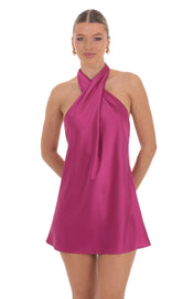 Satin Cross Halter Dress in Magenta